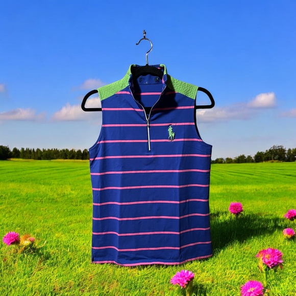 Ralph Lauren Royal Blue Sleeveless Polo Top w/Pink Stripes & Lime Green Accents - Picture 15 of 15